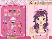Screenshot of Candy Girl Makeover game showing a girl with vibrant pink hair and candy-themed accessories and makeup. Free dress-up and fashion game online.