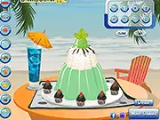 Screenshot of Seashore Jelly Treat free online game showing a colorful, decorated jelly dessert with toppings and a coastal background.