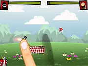 Screenshot of Finger VS Guns online game showing a cartoon finger dodging multiple bullet paths and weapons