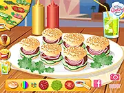 Screenshot of the Cute Little Mini Burgers cooking game showing a set of assembled mini hamburgers (sliders) with cheese, lettuce, and tomato, alongside a side dish.