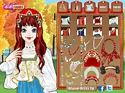 Russian Girl Makeup & Dress Up free online game screenshot showing Vera wearing a beautiful traditional Russian outfit and detailed makeup.