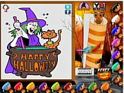 Halloween Witch Coloring Page game screenshot on PlayArcadeHub showing a witch stirring a cauldron, ready to be colored in.