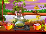 Gameplay screenshot of the Garlic Sausage and Beans cooking game, showing a virtual character grilling sausages near a scenic lake.