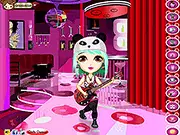 Gameplay screenshot of the Pretty Panda Rocker Chic Dress Up game, showing a girl with various panda-themed and rocker-style clothing options.