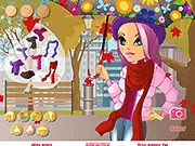 A young girl character wearing a cozy knitted scarf and hat, holding an umbrella in the Pretty Autumn Accessories fashion game.