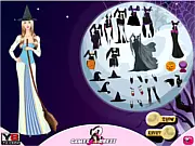 Screenshot of Witch Hallows Dress Up free online game, showing a cute girl dressed in a stylish witch costume with a pointed hat and spooky accessories for Halloween