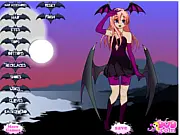 Screenshot of Morrigan Aensland Dress Up free online game showing the Darkstalkers character wearing a customized gothic outfit and large bat wings.