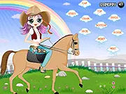 Horse Riding Girl Dressup game screen showing a girl in full equestrian gear next to a horse ready for riding
