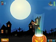 Halloween Grabber game screen showing a mechanical hook attempting to pick up costumed kids near a giant glowing pumpkin