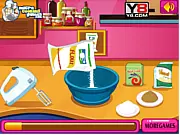 Screenshot of the free online cooking game Pumpkin Doughnut Muffins showing the character Poppy mixing ingredients in a bowl, with the final baked muffins in the background.