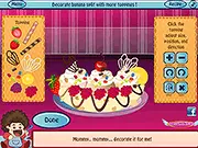 Screenshot of the Banana Split Maker game showing a finished ice cream dessert with three scoops, whipped cream, cherries, and sprinkles