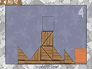 Constructore free online physics puzzle game screenshot showing stacked geometric shapes forming a structure on a platform