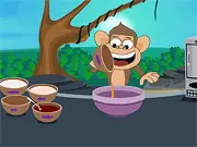 Screenshot of the First Ice Cream Machine game showing a cute monkey next to a machine making banana-flavored ice cream with toppings. Free online cooking and making game.