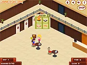 Teena's Resort free online time management game screenshot showing the manager serving customers in a busy resort lobby
