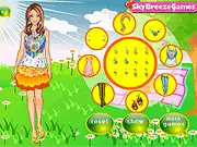 Gameplay screenshot of Pretty Girl on a Picnic dress up game, showing Rosie and various cute spring and outdoor themed clothing items.