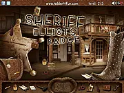 Screenshot of the Sheriff Eliot's Badge hidden object game showing a cluttered room with many items, with the player searching for a lost Sheriff's badge, available to play online.