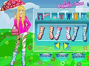 Screenshot of Rainy Spring Dress Up online game showing a model wearing a fashionable spring outfit with an umbrella and rain boots; free online fashion game