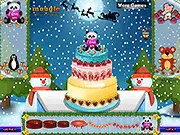 Screenshot of a decorated Christmas cake with snowman candies, candy canes, and red and green frosting. Free holiday cake decorating game online.