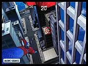 Screenshot from the free online game Amazing Spiderman Blast showing Spider-Man shooting his web blaster at enemy spider-bots