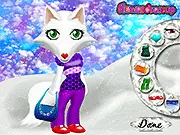 Screenshot of the Arctic Fox Dress Up game showing a cartoon arctic fox wearing stylish cold-weather fashion and accessories in a snowy landscape.