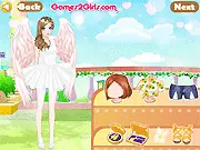 Angel Girls 2 free online dress up game screenshot showing two models with large wings in various fashionable angelic outfits