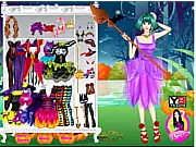 Screenshot of the free online dress-up game Halloween Witch Girl showing a female character dressed in a Halloween costume with various accessories ready for the holiday.
