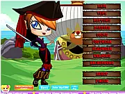 Screenshot of Pirate Dressup free online game, showing Captain Neptune in a custom pirate outfit with a sword and treasure map