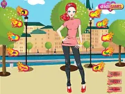 Screenshot of Cute City Pace online game showing a girl with a stylish bag dressed for a casual walk along a city riverside
