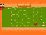 Screenshot of the Bob the Builder: Muck's Maze free online game showing Muck the red dump truck in a green forest maze trying to navigate around trees.