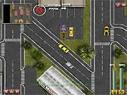 Screenshot of Miami Taxi Driver 2 game, featuring a yellow taxi speeding down a city street, free online car game.