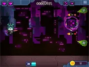 Sci-fi action game image of Cyberkat, a cyborg cat hero, shooting a weapon while flying through a futuristic, space-themed level.