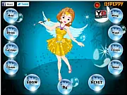 Peppy Fairy Girl Dress Up game screen showing a cute cartoon fairy girl with various magical dresses, colorful wings, and accessories to choose from