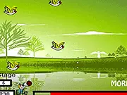 Gameplay screenshot of the Bird Defense Shooter online game, showing a player's cursor aiming at incoming birds flying over a pond.