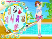 Pool Party Flash free online dress up game screenshot showing fashion model Emily in a stylish swimsuit and summer accessories