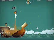 Pirates Time 2 Fans Pack game screenshot showing a pirate cannon firing a ball at solid brick buildings and boxes in a free online physics shooter game