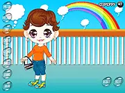 Rainbow Girl Dress Up online free game screenshot showing the model in a bright, colorful costume with various fashion options