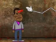 Screenshot of Celebrity Smash Up free online game showing a cartoon celebrity effigy surrounded by funny, chaotic props.