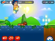 Screenshot of Dash N Dog: Wicked Woods, showing the human and dog running through a forest, collecting bones in a free endless runner game.