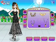 Dark Romance Dress Up free online game screenshot showing a girl selecting dark, lace-trimmed outfits on PlayArcadeHub