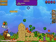 Screenshot from Feed The Bear Flash game, showing a cannon aiming food toward a hungry bear using strategically placed physics objects.