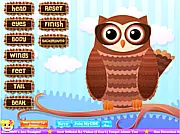 Owl Design game screen showing a cute cartoon owl character being customized with different feathers and accessories like a scarf for the fall season.