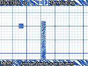 Screenshot of The Crazy Box game showing a floating square box navigating through a deadly corridor of spikes and moving obstacles in a minimalist 2D environment.