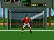 Screenshot of Suburban Goalie online game with a goalie blocking a soccer ball in a backyard field