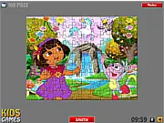 Dora Puzzle game screenshot, an incomplete jigsaw puzzle featuring Dora the Explorer, free online puzzle game