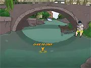 The fishing rod being cast into blue water with a large fish on the hook, showing the line management interface of the Super Fishing free online game
