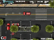 The red Jeep vehicle in the Jeep Pro Parking game, precisely parked between two other cars in a street parking spot
