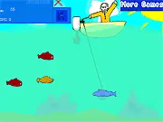 Fish Hooker free online game screenshot showing a fishing line lowering into the water filled with different types of fish.