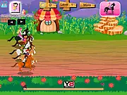 Screenshot of Horse Racing Mania, showing popular cartoon characters riding horses on a colorful racetrack