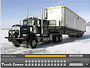 Ice Road Truckers Hidden Letters game showing a large semi-truck driving on a snowy, icy road with small letters hidden throughout the scene