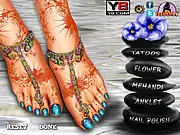 Pretty Feet Makeover game screenshot on PlayArcadeHub showing a bride's feet with a freshly painted pedicure, ring, and anklet.